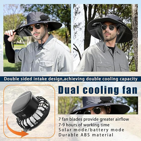 Solar-Powered Fan Wide Brim Sun Hat with Neck Protection, Outdoor Bucket Hat for Hiking, Camping