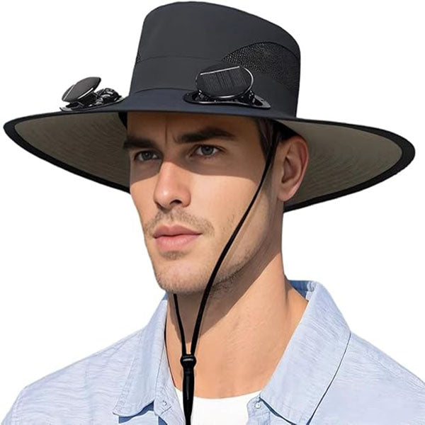 Solar-Powered Fan Wide Brim Sun Hat with Neck Protection, Outdoor Bucket Hat for Hiking, Camping