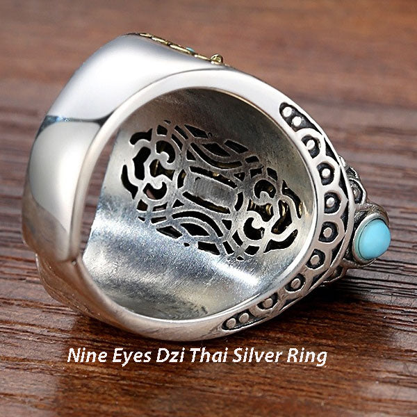 Neun Augen Dzi Energiering - Handgefertigtes Thai-Silber für spirituellen Schutz und Fülle