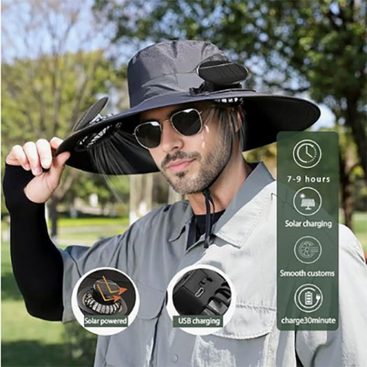 Solar-Powered Fan Wide Brim Sun Hat with Neck Protection, Outdoor Bucket Hat for Hiking, Camping
