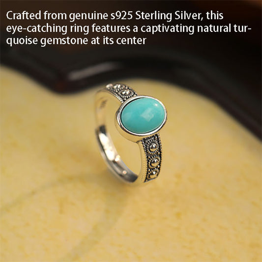 Turquoise Ring - 925 Sterling Silver Open Adjustable Ring | Natural Stone Gemstone