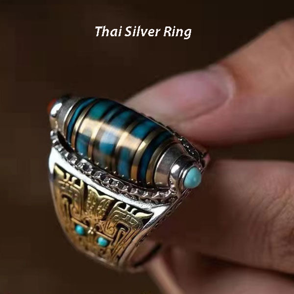 Neun Augen Dzi Energiering - Handgefertigtes Thai-Silber für spirituellen Schutz und Fülle