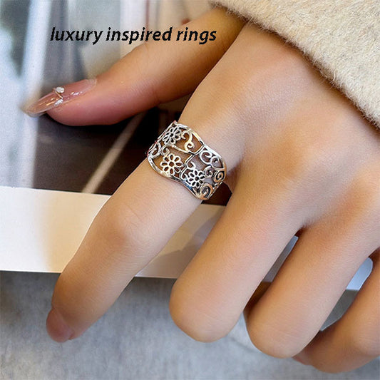 S925 Sterling Silver Retro Hollow Flower Ring